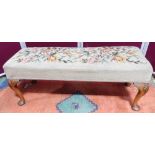 Queen Ann style rectangular long stool with needlework upholstered top on shell carved cabriole legs
