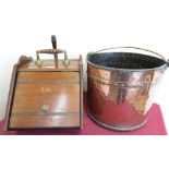 Early 20th C cylindrical rivetted copper fuel bin with brass swing handle stamped A.S 1971 (