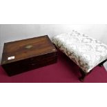 19th century brass inlaid mahogany folding writing box lacks interior, and a small upholstered