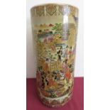 Japanese Satsuma pottery cylindrical stick stand, decorated with figures in a garden landscape (