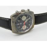 Lin hand wound chronograph wristwatch, stainless steel case on leather strap. Case back stamped
