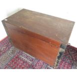 Metal bound rectangular wooden trunk with twin locks and carrying handles (92cm x 50cm x 58cm)