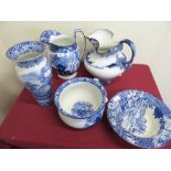 George Jones blue and white Abbey Pattern toilet jug and chamber pot, Masons blue & white vase,