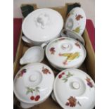 Five Royal Worcester Evesham oven to table ware tureens and covers, similar sauce boat and stand,