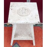 Small painted occasional table, square top carved inset with a Royal Artillery badge (36cm x36cm x