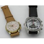Russian hand wound chronograph type wristwatch with date. Stainless steel case on leather strap, and