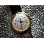 Oris Big Crown hand wound wristwatch with pointer date. Gold plated case on leather strap. Stainless