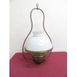 Victorian hanging brass oil lamp with opaque shade and clear glass chimney (height 66cm)
