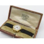 Lady?s hand wound cocktail watch, 18ct gold hexagonal case, wire lugs on ribbon strap with 15ct