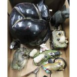 Large carved wooden and black painted model of a sleeping cat, Linnet & Moss and other resin