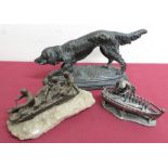 1930s bronzed group of a four man bobsleigh on quartz base, model of boatbuilder and a model of a