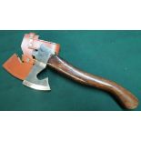 Swedish hand axe with well figured walnut shaft and damascus steel head with tan leather belt