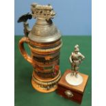 Pewter statuette and a German beer stein, the pewter lid with eagle and railway engine (2)
