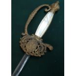 Gilt hilted and mother of pearl gripped court style sword with 30.5inch triform blade with various