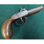 Belgian percussion cap double barrelled pocket pistol with 2.5 inch octagonal barrels engraved