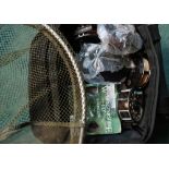 Two Shakespeare 2756 graflite trout fishing reels, similar Diowa 232 reel, spare spools line etc,