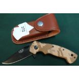 JKR single bladed pocket knife with belt clip and leather belt pouch