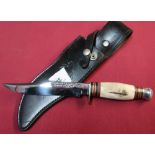 J Nowill and Sons of Sheffield sheath knife 5.5 inch blade brass cross piece, swollen sambar horn
