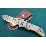 MTech USA woodland camouflage single bladed pocket knife with belt clip and leather belt pouch