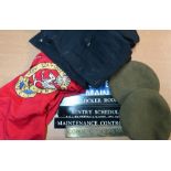 Military No. 1 dress uniform jacket, an embroidered regimental flag, two Infantry berets, and