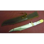 Large Harry Boden bowie knife with 9.5 inch blade, brass mounts and two piece samba horn grips