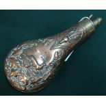 19th C brass and copper powder flask by G and J.W Hawksley, embossed with deer hunting and oak