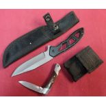 Small single bladed pocket knife with wooden grips and belt pouch and a sheath knife (2)