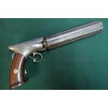 Unusual 19th C long barreled American 6 shot pepperbox revolver with 6.5inch barrel cylinder and