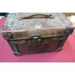 Vintage leather cartridge type case with hinged lift up top revealing deep fitted interior, the