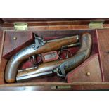 Cased pair of percussion cap pistols by D. Egg, converted from flintlock, with 4 1/4 inch