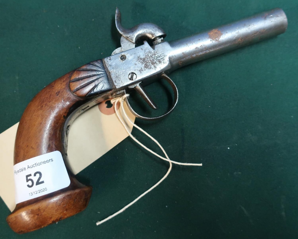 Belgian percussion cap pocket pistol with 3 inch barrel and carved walnut grip stamped B&C