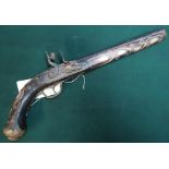 Turkish style decorative flintlock pistol with 10 inch barrel with brass mounts and mother of