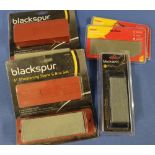 Two boxed as new Black Spur 6 inch sharpening stone box sets, another Black Spur sharpening stone,