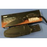 Boxed as new Tatang black hawk sheath knife with 7 inch black and blade, a composite belt sheath