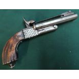 Belgian pinfire double barrel pocket type pistol with 4.5 inch octagonal barrels with top sprung
