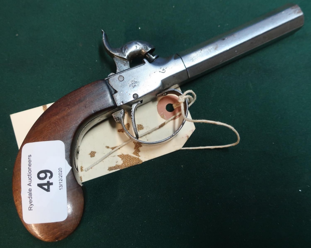 19th C Belgian percussion cap pocket pistol with folding trigger 3 inch turn off octagonal rifle