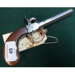 19th C Belgian percussion cap pocket pistol with folding trigger 3 inch turn off octagonal rifle