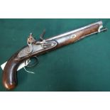 19th C Flintlock holster pistol with 10inch octagonal barrel and stirrup ram rod with engraved