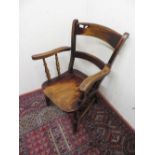 Country style ladder back armchair on turned supports and H shaped under stretcher