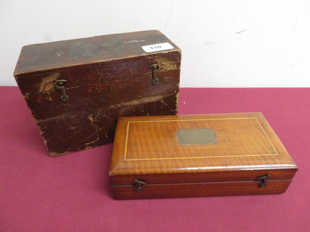 Late 19th C mahogany hydrometer box with boxwood inlay and blank cartouche and a stained pine box (
