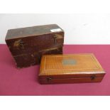 Late 19th C mahogany hydrometer box with boxwood inlay and blank cartouche and a stained pine box (