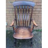 Victorian farmhouse style beech slat back armchair, with H shaped understretcher and turned supports