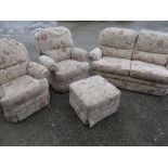 Vale three piece suite, two seat sofa, electric reclining armchair with foot stool, upholstered in