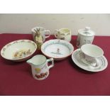 Royal Doulton Bunnykins-two mugs, a bowl , a plate and a 60th anniversary Bunny figure, a Shelly Bo-