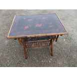 Victorian bamboo two tier rectangular writing table, square top inset with chinoiserie style