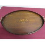 Edwardian oval mahogany tea tray with shell inlaid oval panel