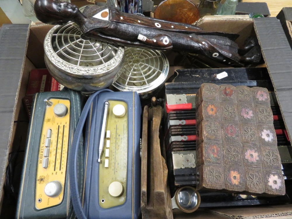 Roberts radio in blue leather case, Roberts revival radio various tins, an accordian, carved