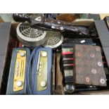 Roberts radio in blue leather case, Roberts revival radio various tins, an accordian, carved