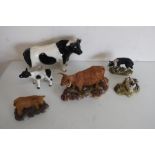 Teviotdale Highland Cow & Calf, dog and two lambs, some with boxes and a ceramic model of a Friesian