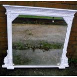 Victorian carved wood and white washed over mantle mirror on ceramic bun feet W105cm H90cm